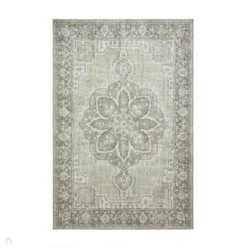 Washable Zahra S0063 Traditional Vintage Distressed Medallion Border Soft Textured Digitally Printed Lightweight Textured Polyester Flatweave Sage Green/Ivory/Grey Rug-Think Rugs-Rug Love - The Most Loved Rug Store